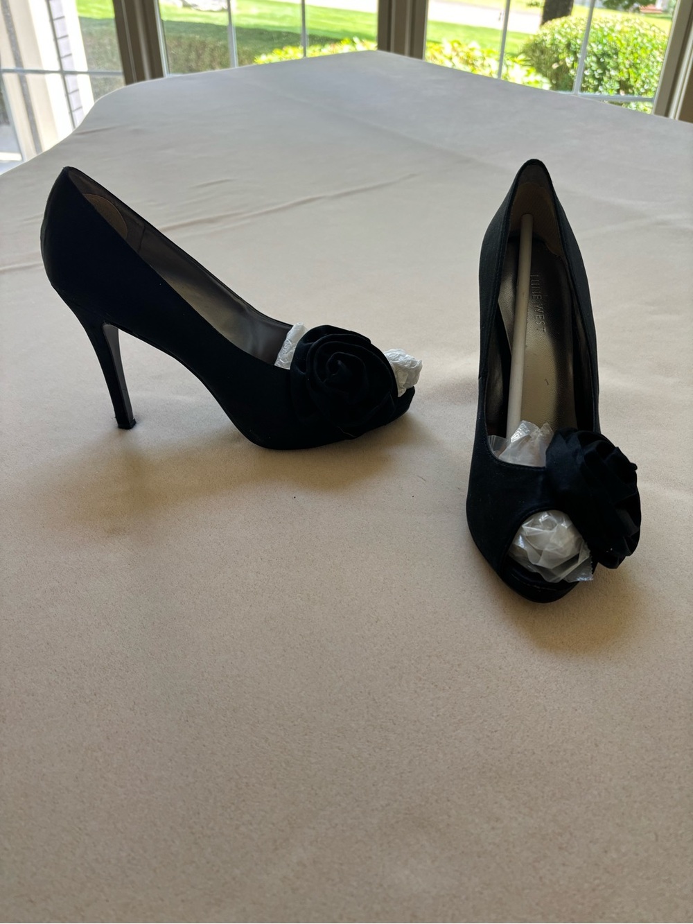 Nine West Black Peep Toe Pumps with Rosette Accent